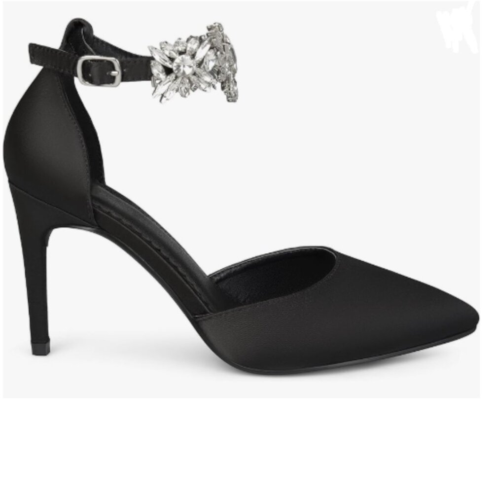 Pazzion Black Lizzie Satin Pointed Toe Rhinestone Ankle Strap D'Orsay Pump